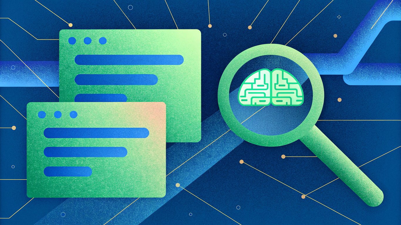 A sleek, glowing search bar morphs into a holographic AI brain, surrounded by swirling data streams and bright, floating search result snippets, set against a deep indigo cybernetic backdrop.