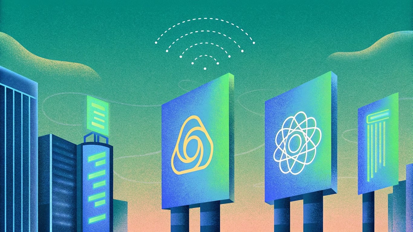 A sleek, neon‑lit skyline at dusk, where holographic billboards morph into shifting brand logos interwoven with swirling AI circuitry, and streams of binary code flow like rivers, converging into a glowing neural network overhead.