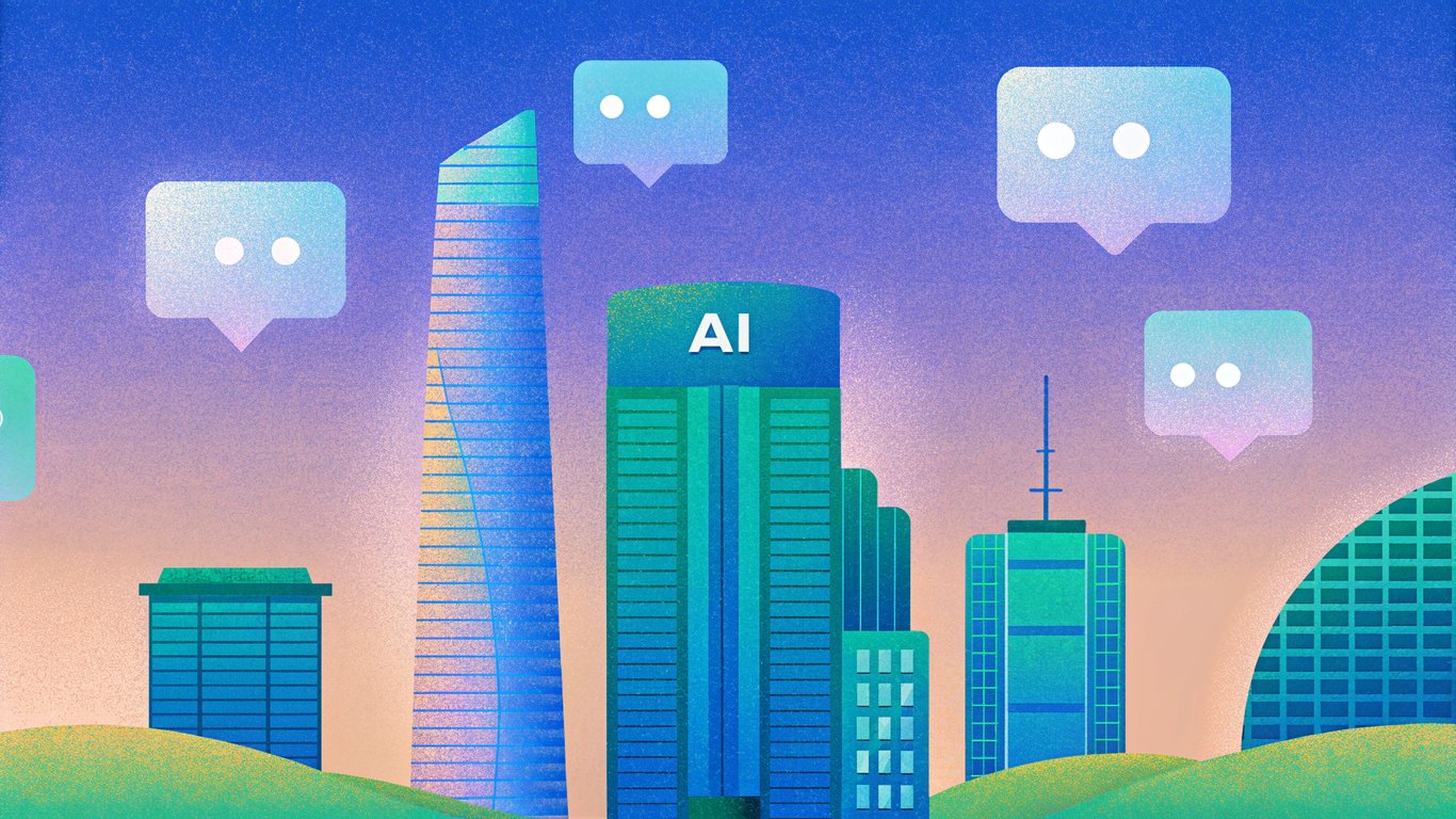 A sleek, cyberpunk-inspired city skyline at twilight, illuminated by holographic AI icons that morph into subtle brand logos, with translucent chat bubbles and search result snippets hovering above, symbolizing the transition from traditional search to AI-driven discovery.