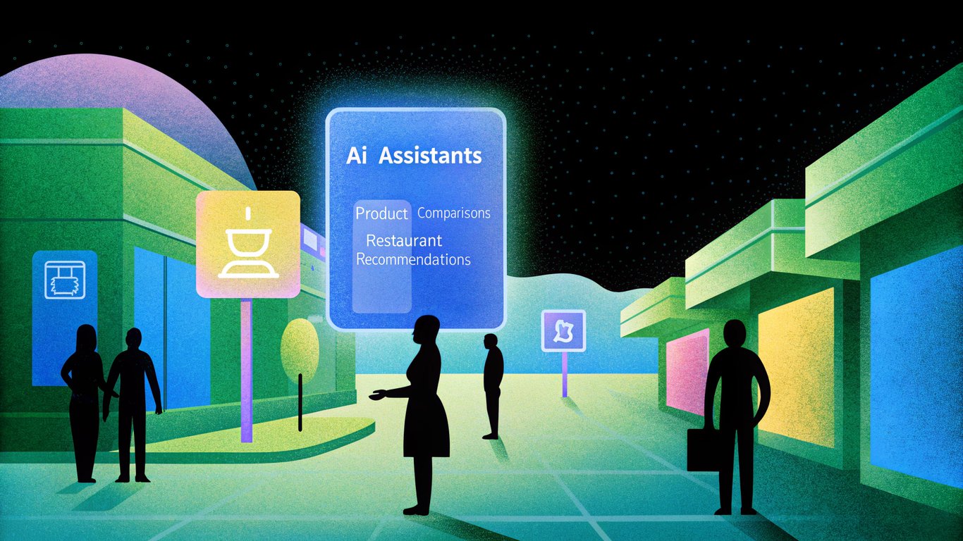 A sleek, neon‑lit urban marketplace at twilight, where diverse shoppers hover over holographic AI assistants that project product comparisons and restaurant recommendations in floating panels. The scene blends digital data streams, glowing icons, and human curiosity, illustrating the new era of AI‑driven marketing.