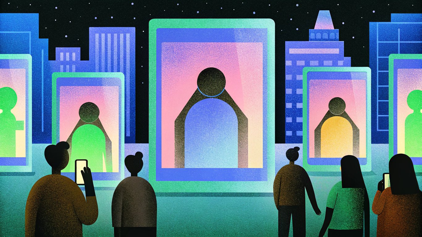 A sleek, neon‑lit city skyline at dusk, with holographic AI avatars projecting vibrant marketing analytics onto floating billboards, while a diverse group of people watch in awe, their phones glowing with AI‑driven insights.