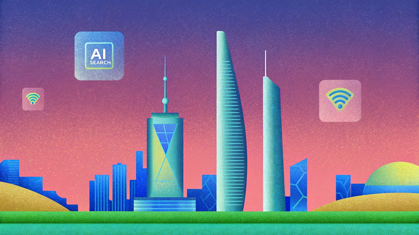 A sleek, neon-lit city skyline at twilight, overlaid with holographic AI search interfaces and a glowing neural network, while subtle brand logos orbit like constellations above the skyline.