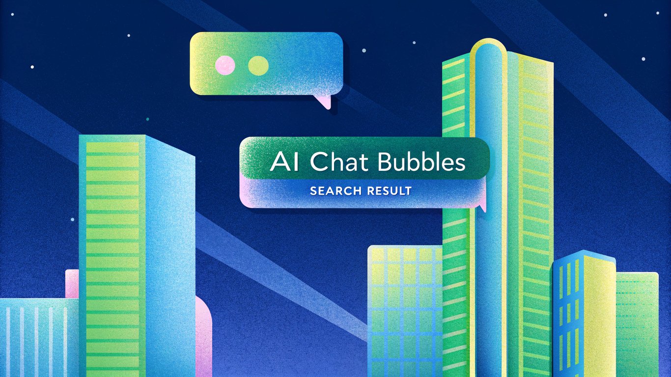 A sleek, futuristic cityscape at twilight, with glowing AI chat bubbles and search result panels hovering over towering skyscrapers, where a single brand logo emerges bright and illuminated against the night sky.
