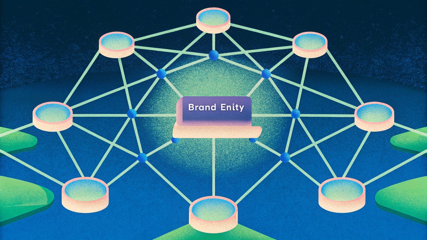 Digital illustration of a knowledge graph showing a central brand entity connected to various related topics and authoritative sources.