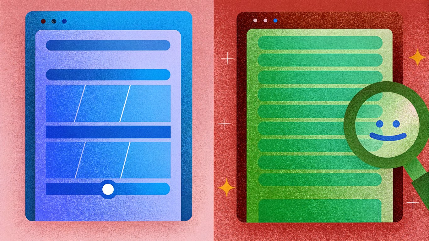 Illustration contrasting traditional search results (list of links) with a conversational AI search interface (dialogue and recommendations).