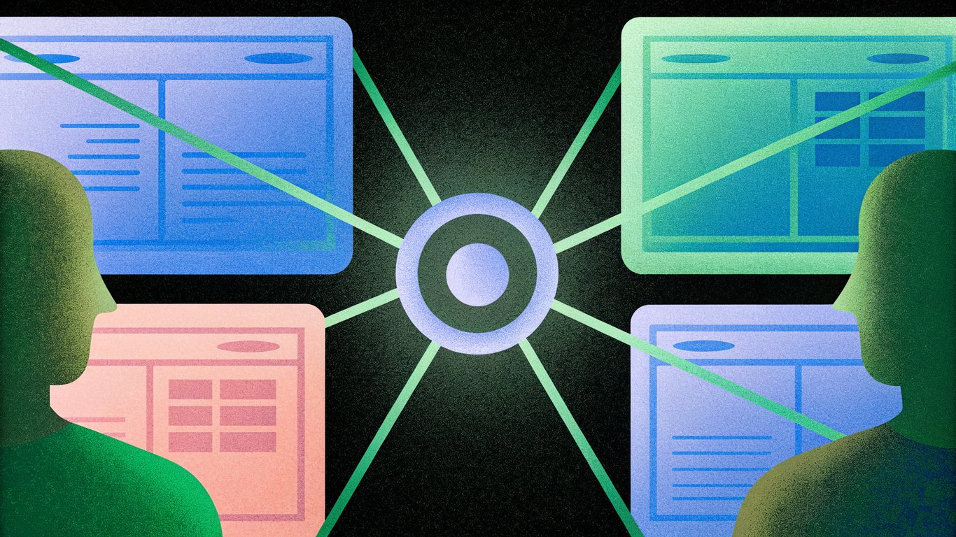 Digital data streams from various sources flowing into a central brand logo, representing AI's understanding.