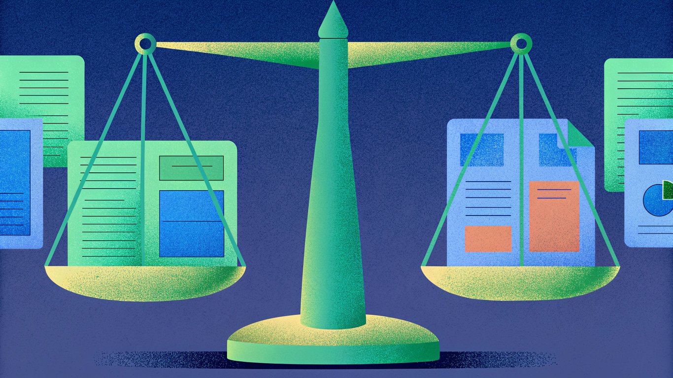 A digital scale showing authoritative sources (like news and industry publications) carrying more weight than smaller sources, influencing an AI's perception.