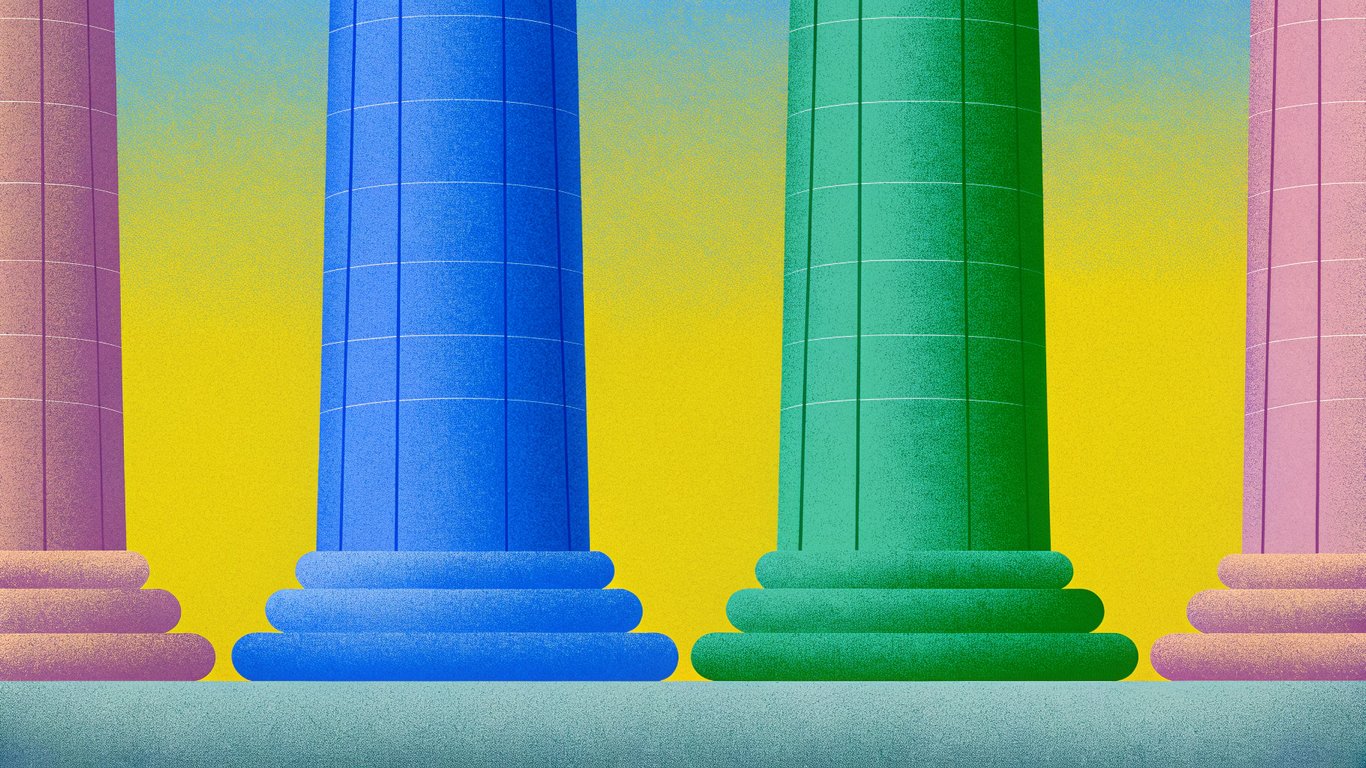 Four pillars supporting a structure, symbolizing the four pillars of an AI-ready marketing plan.