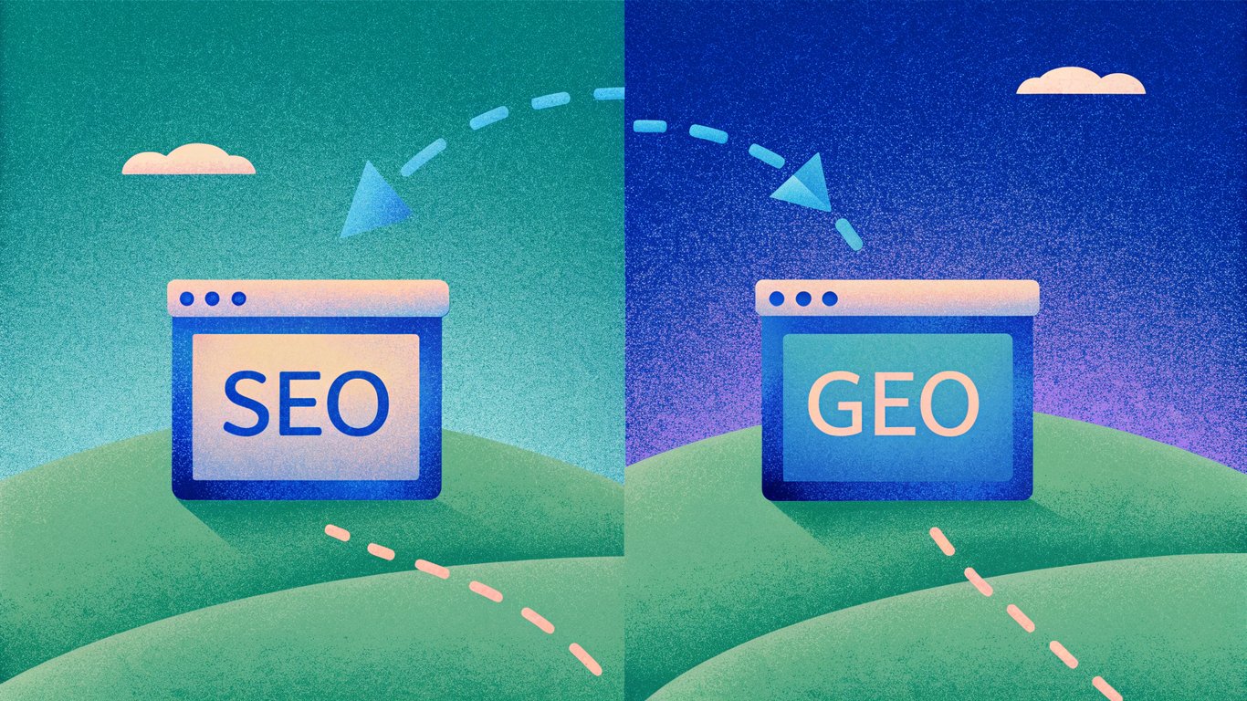 A visual comparison of traditional SEO (driving clicks to a website) and Generative Engine Optimization (being mentioned by an AI assistant).