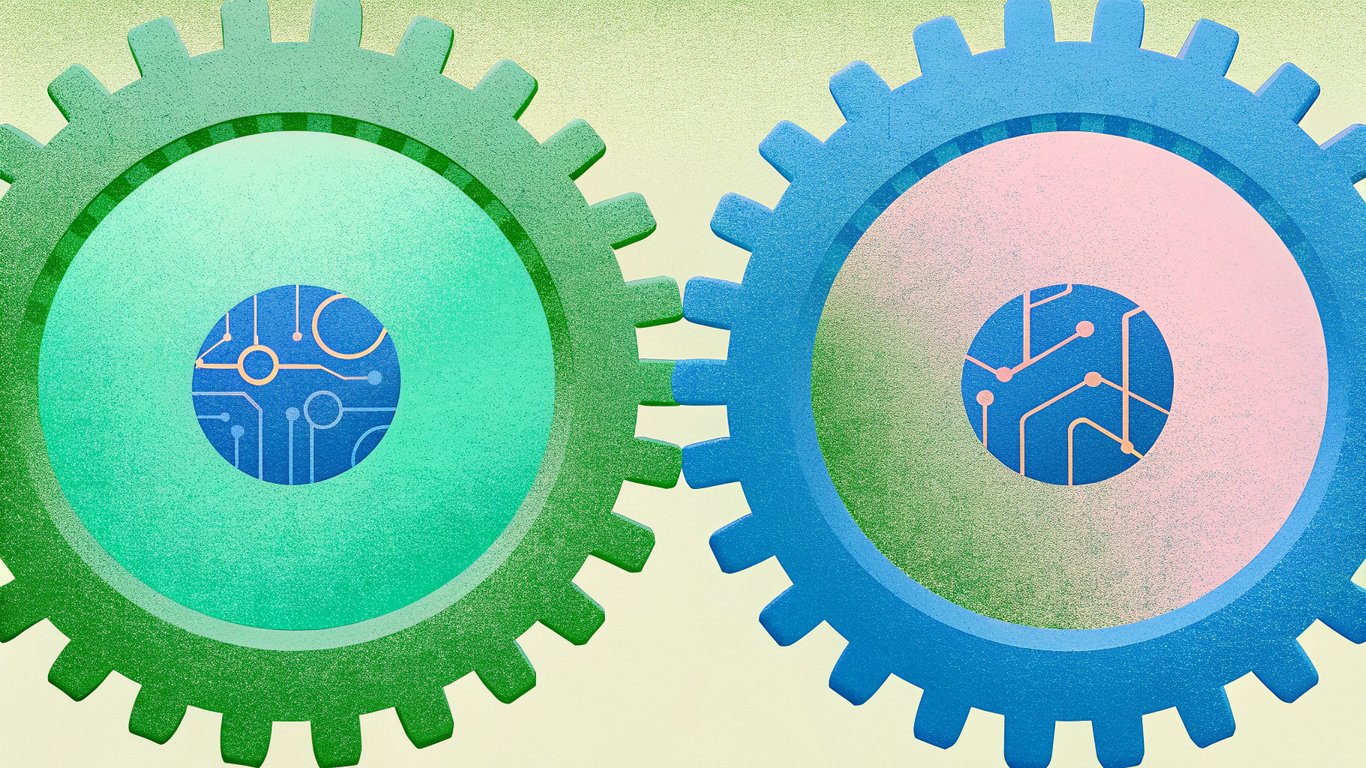 Illustration of two interlocking gears, symbolizing the dual strategy of using AI for marketing and optimizing content for AI discovery.