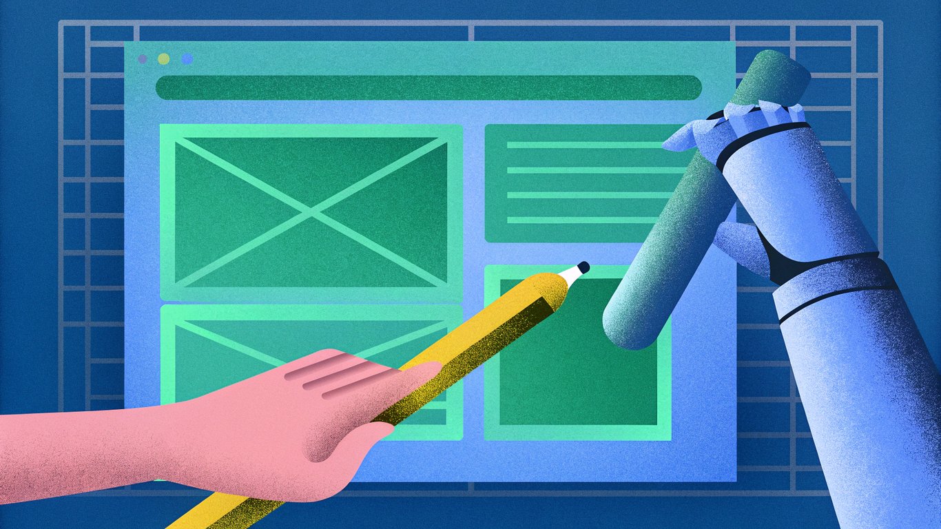 Illustration of a human hand and a robotic hand collaborating on a creative task, representing AI-powered content creation.