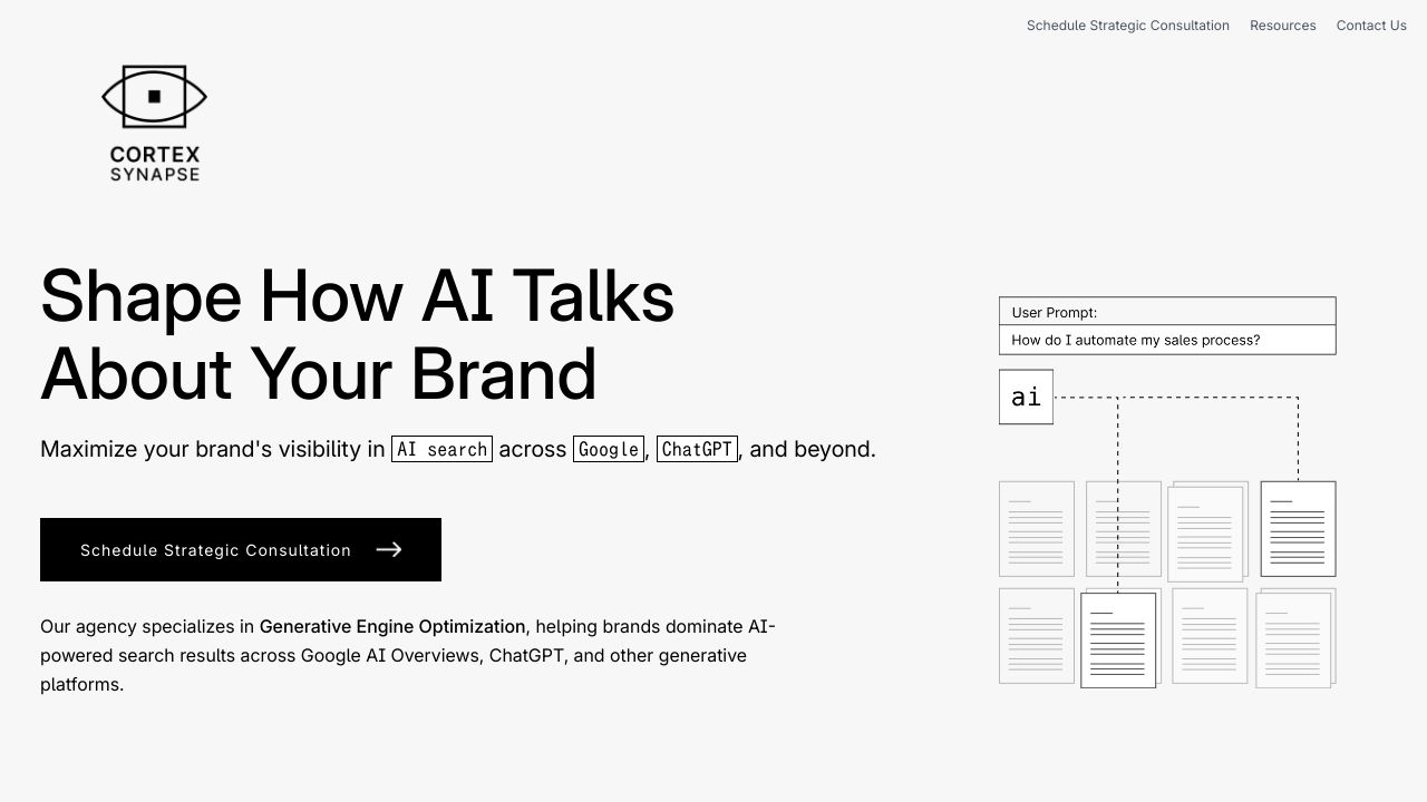 Cortex Synapse website homepage showing their AI search monitoring services.