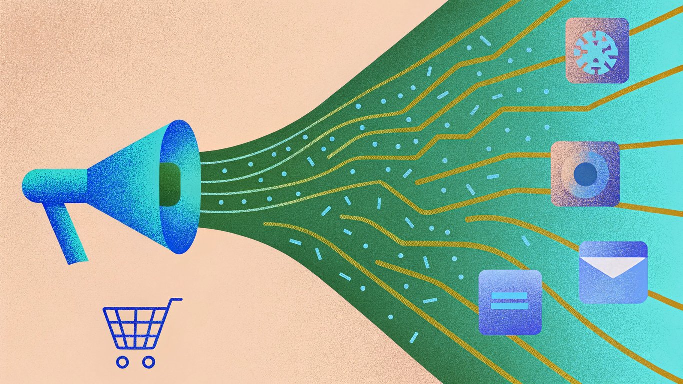 Digital illustration of an AI processor analyzing data and generating optimized marketing elements.