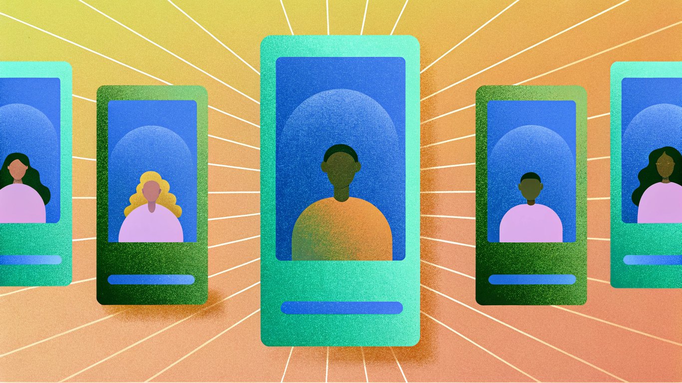 Illustration showing an AI system delivering personalized content to multiple diverse customer profiles.
