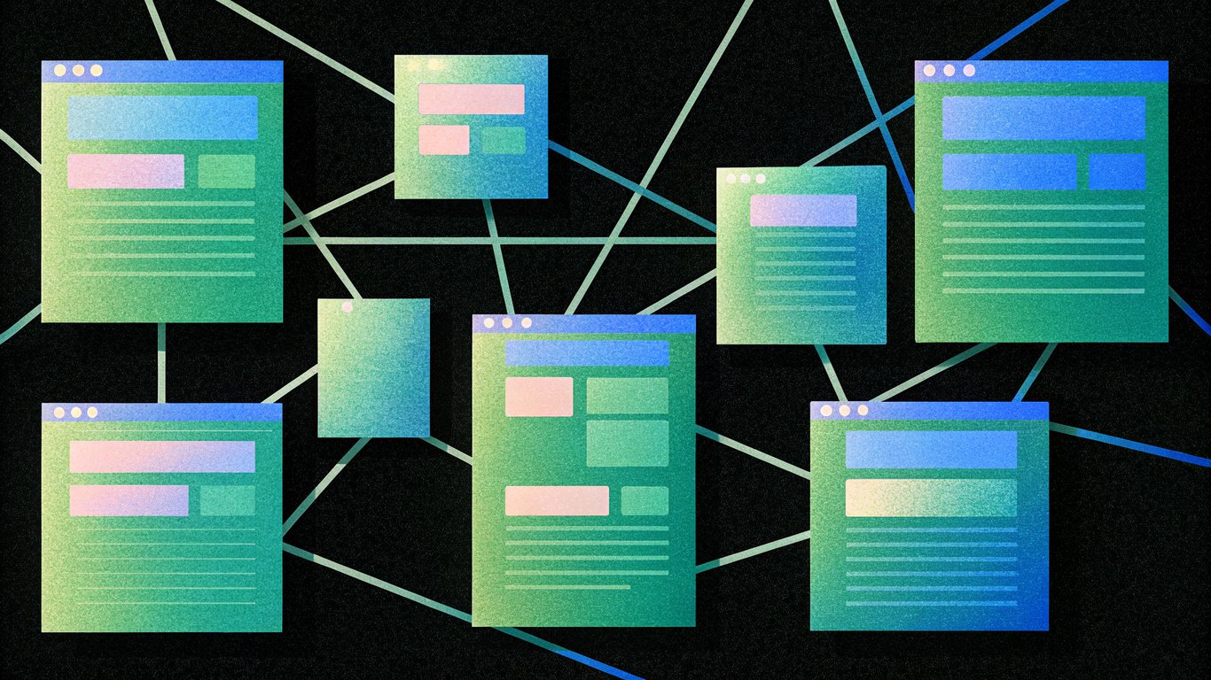 Abstract representation of structured content blocks and data connections, illustrating how schema markup helps AI understand information.