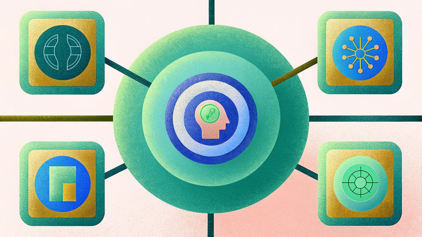 A target graphic surrounded by generic icons representing different AI platforms, illustrating the concept of setting SMART objectives for AI visibility.