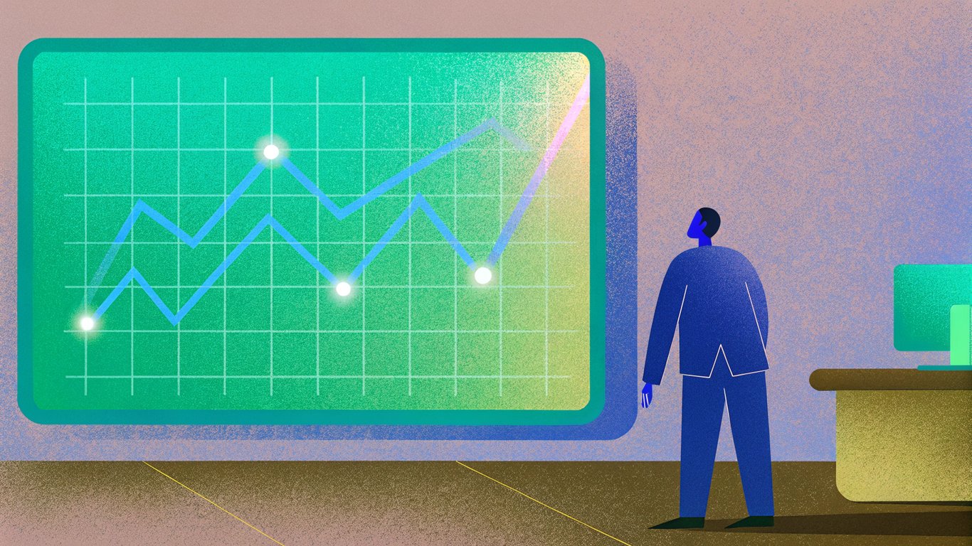 A glowing holographic analytics dashboard floats in a dimly lit office, with shifting line graphs morphing into AI neural network patterns; a business professional in a dark suit watches, illuminated by neon blue light.